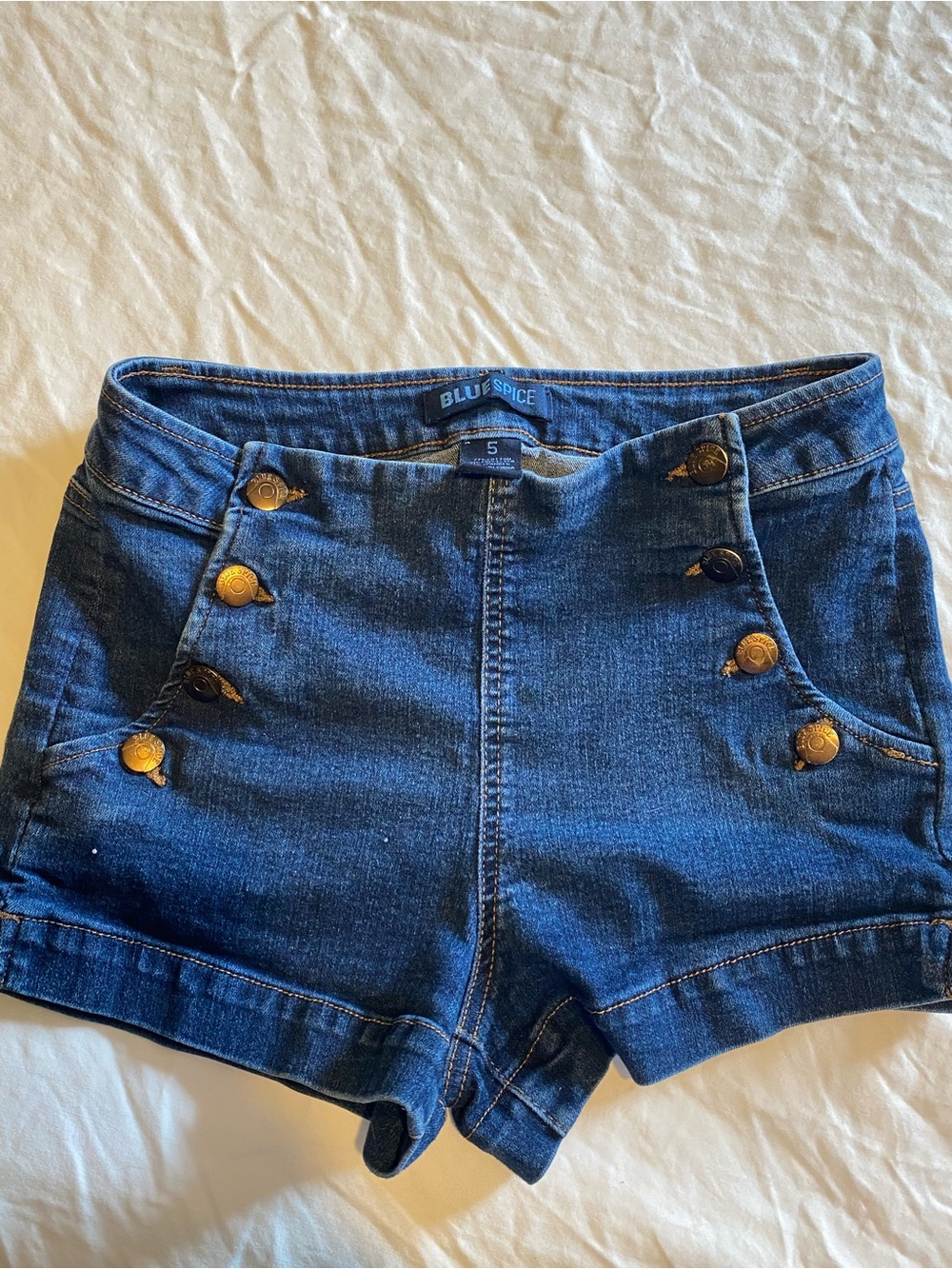 Blue Spice Dark Blue High-Waist Button-Accent Denim Shorts
